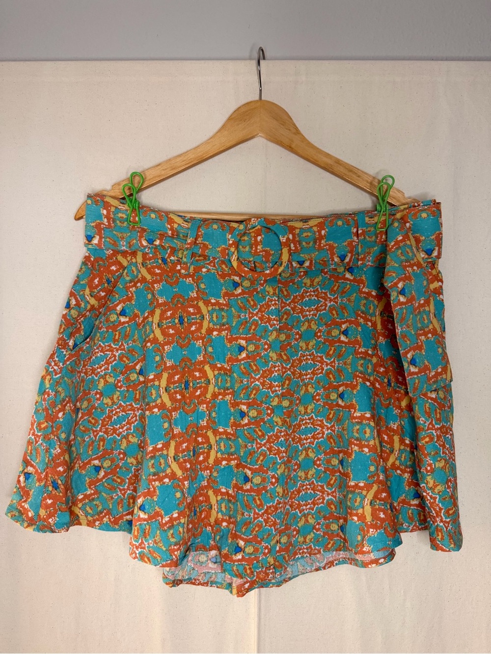 Moon River Teal and Orange Printed Belted Skirt